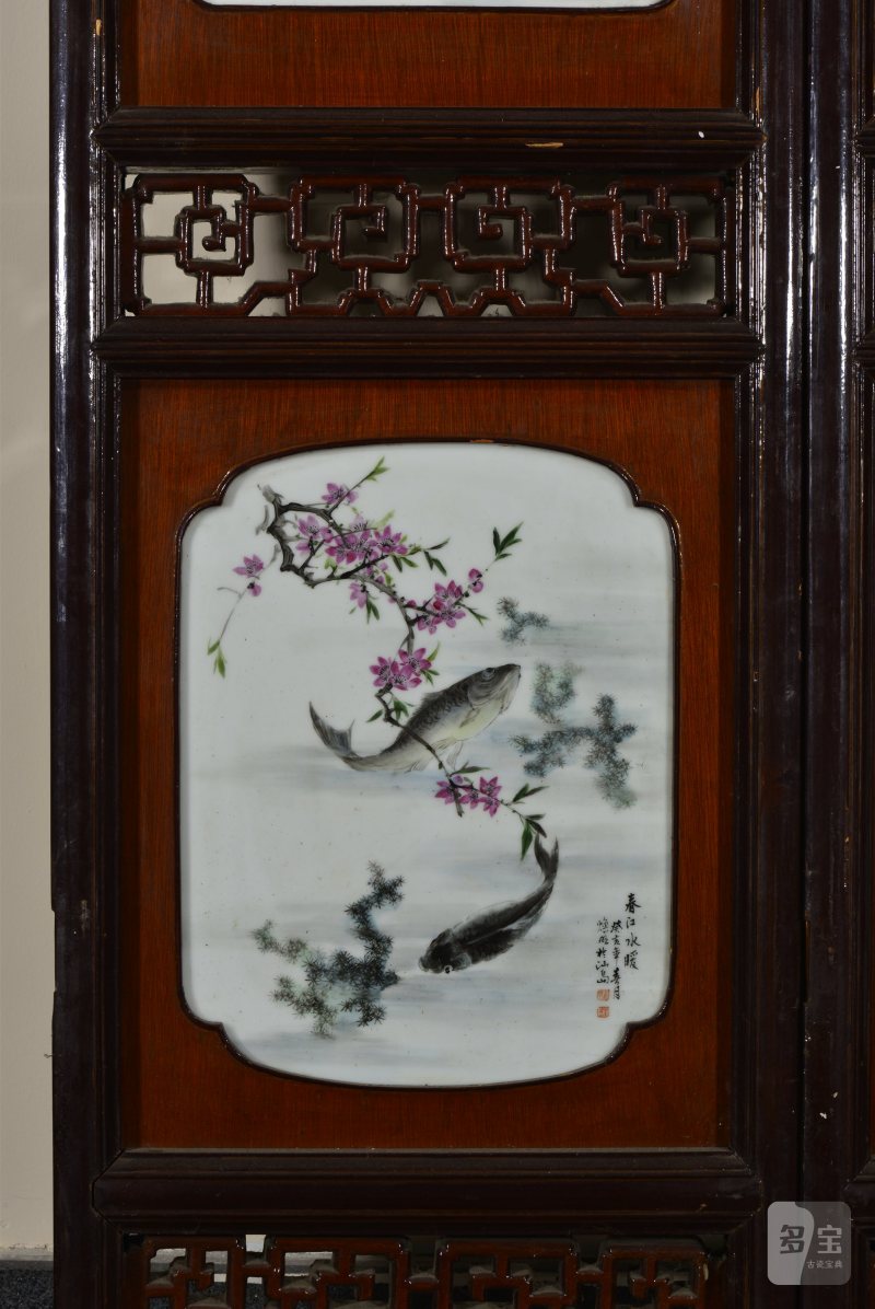 近现代 魏焕明、余少良合作双面粉彩山水人物八联落地大屏风 - 图39